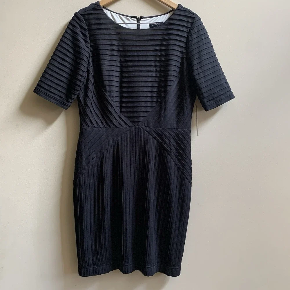 TAHARI ARTHUR S LEVINE PETITE SZ-14P Women's Black Dress 3/4Sleeves-Pleats NWT